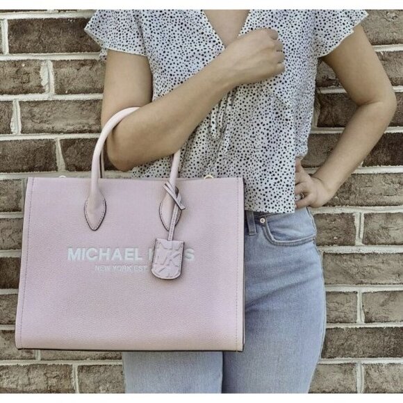 🤩Michael Kors Mirella Tote Bag Satchel Medium Pebbled Leather Shoulder Pink - Picture 1 of 6